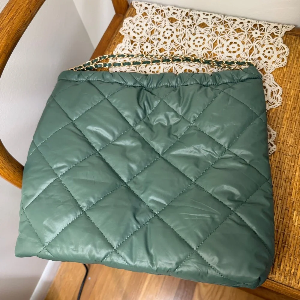 Quilted Puffer Chain Hobo Bag Olive Green Pillow Shoulder Bag  Y2K Luxury